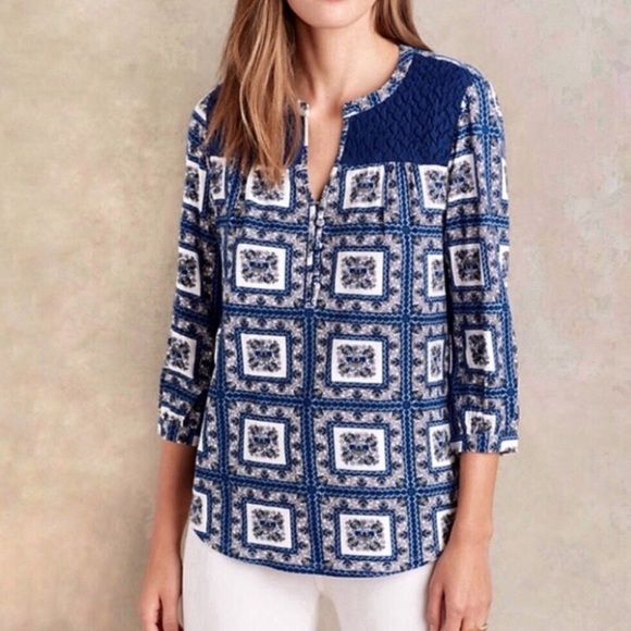 Porridge Tops - Anthropologie Porridge Belmar Blue Floral Geometric Print 3/4 Sleeve Blouse